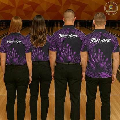 Custom Bowling League Shirt, Personalized Bowling Team Polo, Polynesian Tribal Bowling For Women|Purple NHT1234
