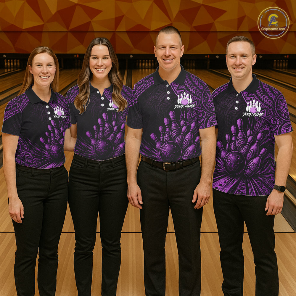 Custom Bowling League Shirt, Personalized Bowling Team Polo, Polynesian Tribal Bowling For Women|Purple NHT1234