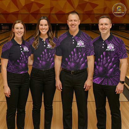 Custom Bowling League Shirt, Personalized Bowling Team Polo, Polynesian Tribal Bowling For Men|Purple NHT1234