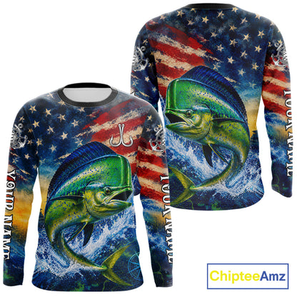 Mahi Mahi Fishing Shirt American Flag 3D All Over Print Long Sleeve Performance Apparel For Men NHT1087