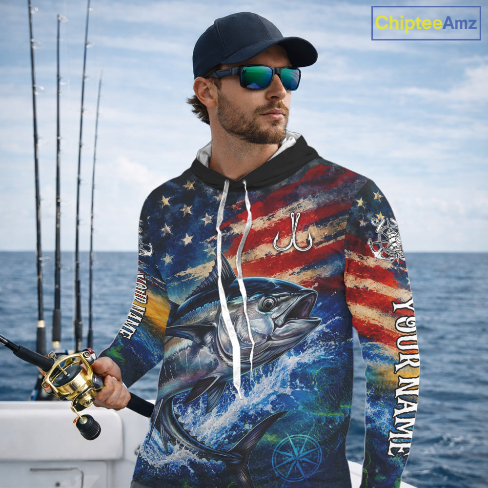 Tuna Fishing Shirt American Flag 3D All Over Print Long Sleeve Hooded Performance Apparel For Men NHT1089