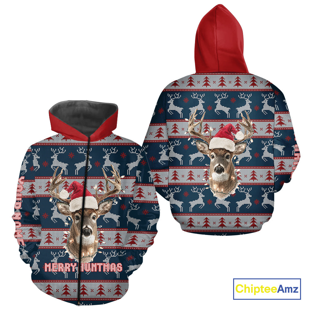 Funny Ugly Sweater Pattern Deer Hunting Customized Name All Over Print Shirts Christmas Shirt NHT305