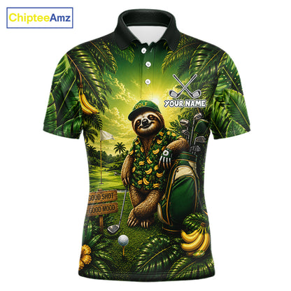 Custom Green Funny Sloth Tropical Mens Golf Polo Shirts, Golf Tournament Jersey For Men NHT927