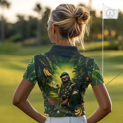 Custom Green Funny Sloth Tropical Womens Golf Polo Shirts, Golf Team Jersey For Women NHT927