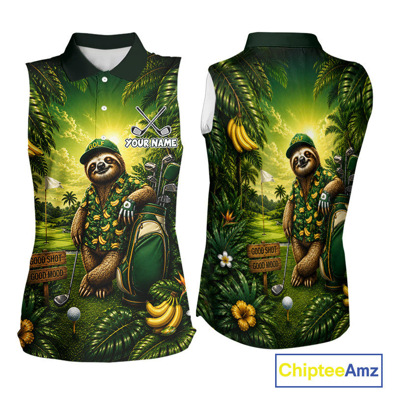 Custom Green Funny Sloth Tropical Womens Sleeveless Golf Polo Shirts, Golf Team Jersey For Women NHT927