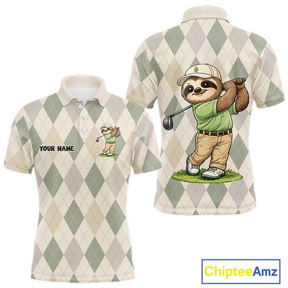 Personalized Sloth Golfer Polo Shirt Funny Golf Argyle Pattern Custom Name Golf Lover Gift 