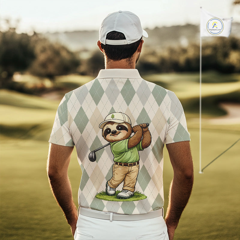 Personalized Sloth Golfer Polo Shirt Funny Golf Argyle Pattern Custom Name Golf Lover Gift 