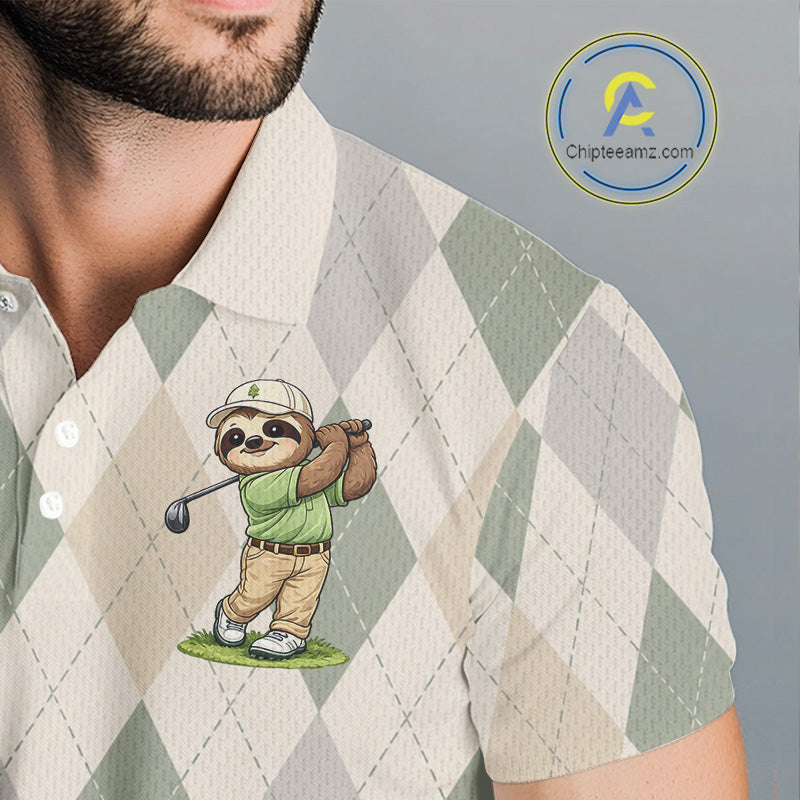 Personalized Sloth Golfer Polo Shirt Funny Golf Argyle Pattern Custom Name Golf Lover Gift 
