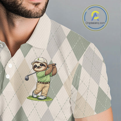 Personalized Sloth Golfer Polo Shirt Funny Golf Argyle Pattern Custom Name Golf Lover Gift 