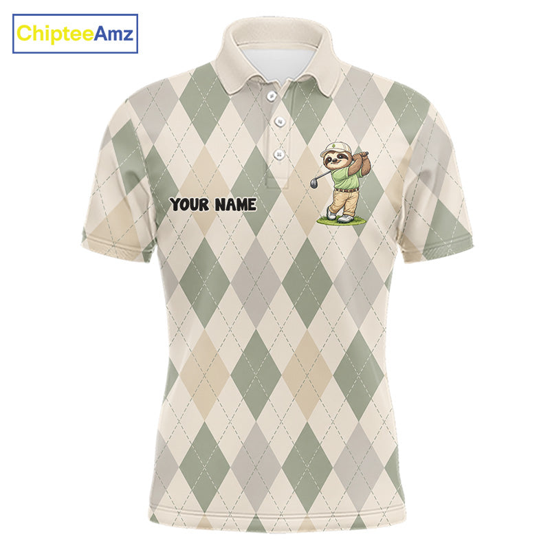 Personalized Sloth Golfer Polo Shirt Funny Golf Argyle Pattern Custom Name Golf Lover Gift 