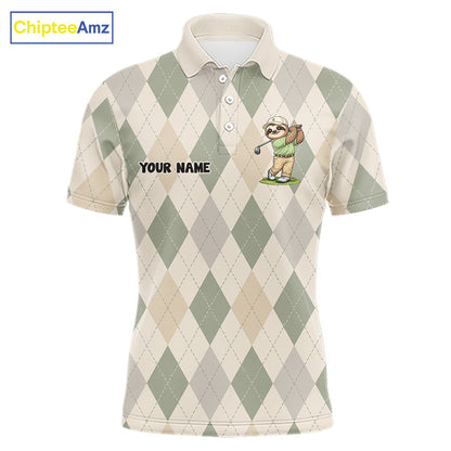 Personalized Sloth Golfer Polo Shirt Funny Golf Argyle Pattern Custom Name Golf Lover Gift 