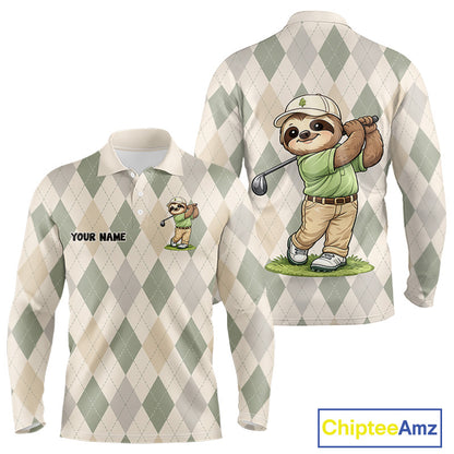 Personalized Sloth Golfer Polo Shirt Funny Golf Argyle Pattern Custom Name Golf Lover Gift 