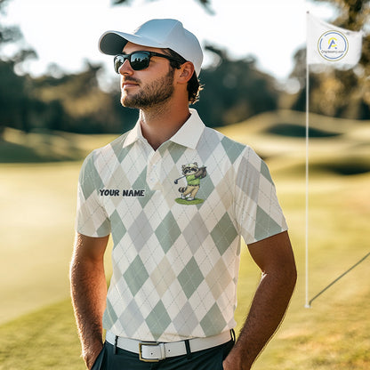 Personalized Raccoon Golfer Polo Shirt Funny Golf Argyle Pattern Custom Name Golf Lover Gift NHT1096