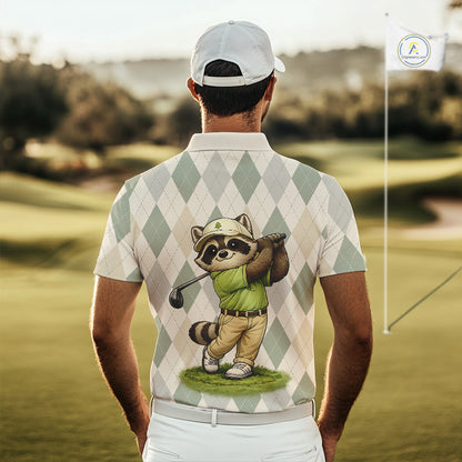 Personalized Raccoon Golfer Polo Shirt Funny Golf Argyle Pattern Custom Name Golf Lover Gift NHT1096