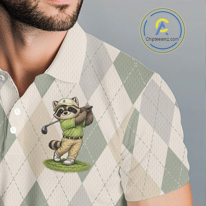 Personalized Raccoon Golfer Polo Shirt Funny Golf Argyle Pattern Custom Name Golf Lover Gift 