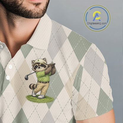 Personalized Raccoon Golfer Polo Shirt Funny Golf Argyle Pattern Custom Name Golf Lover Gift 