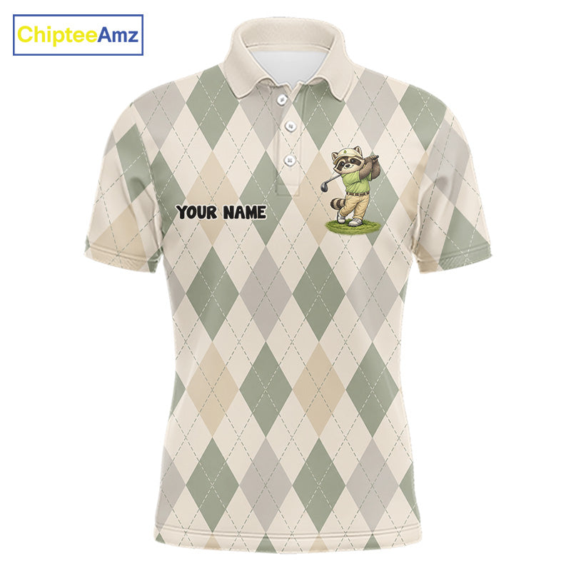 Personalized Raccoon Golfer Polo Shirt Funny Golf Argyle Pattern Custom Name Golf Lover Gift 