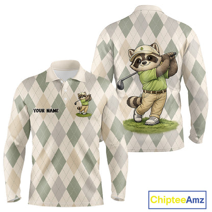 Personalized Raccoon Golfer Polo Shirt Funny Golf Argyle Pattern Custom Name Golf Lover Gift 