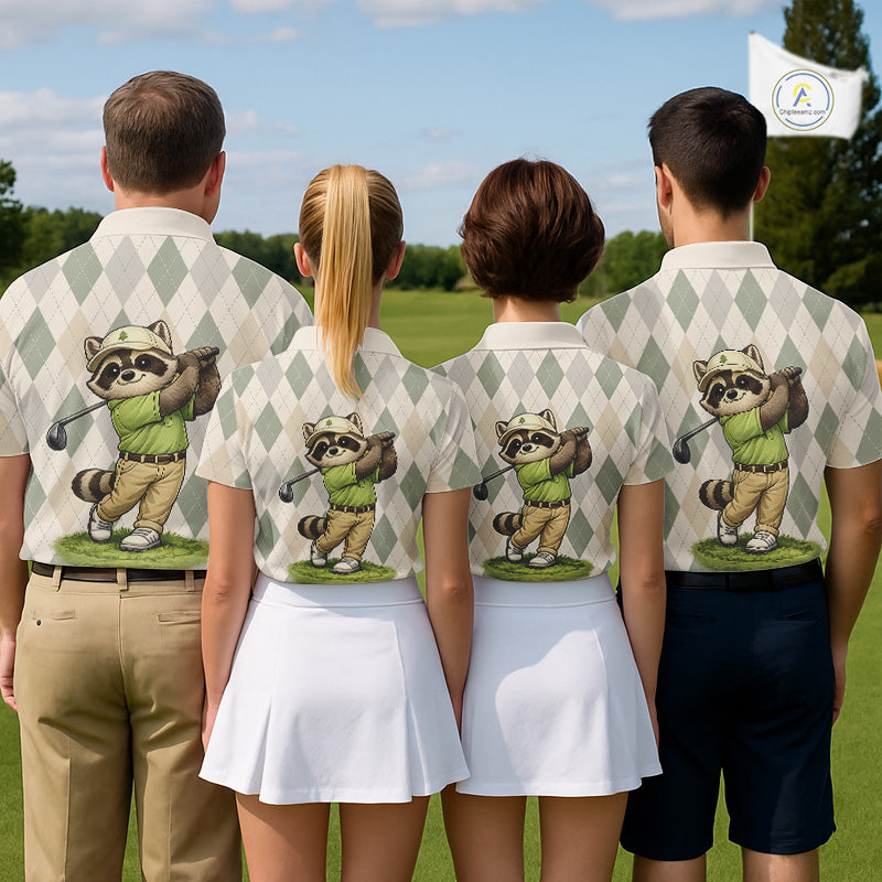 Personalized Raccoon Golfer Polo Shirt Funny Golf Argyle Pattern Custom Name Golf Lover Gift NHT1096