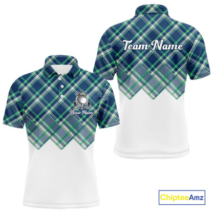 White Blue Argyle Pattern Mens Golf Shirt Golf & Custom Name Mens Golf Polo Shirt NHT558