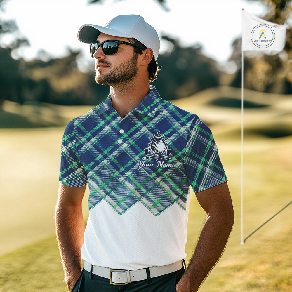 White Blue Argyle Pattern Mens Golf Shirt Golf & Custom Name Mens Golf Polo Shirt NHT558
