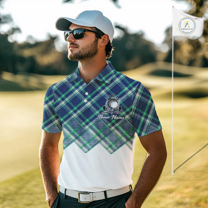 White Blue Argyle Pattern Mens Golf Shirt Golf & Custom Name Mens Golf Polo Shirt NHT558