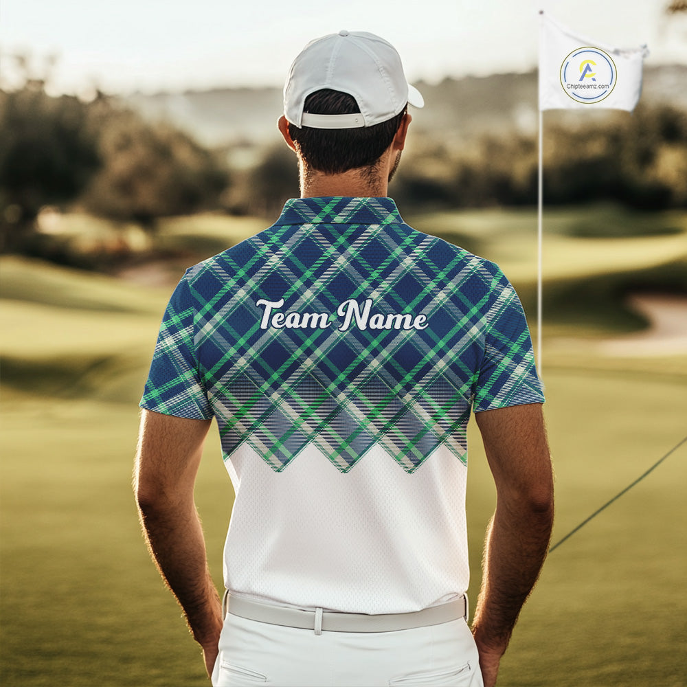 White Blue Argyle Pattern Mens Golf Shirt Golf & Custom Name Mens Golf Polo Shirt NHT558