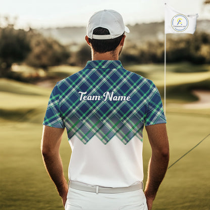 White Blue Argyle Pattern Mens Golf Shirt Golf & Custom Name Mens Golf Polo Shirt NHT558