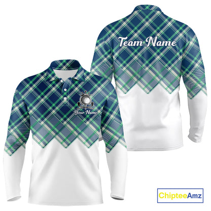 White Blue Argyle Pattern Mens Golf Shirt Golf & Custom Name Mens Golf Polo Shirt NHT558