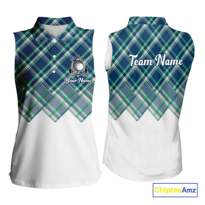 White Blue Argyle Pattern Womens Golf Shirt Golf & Custom Name Womens Golf Polo Shirt NHT558