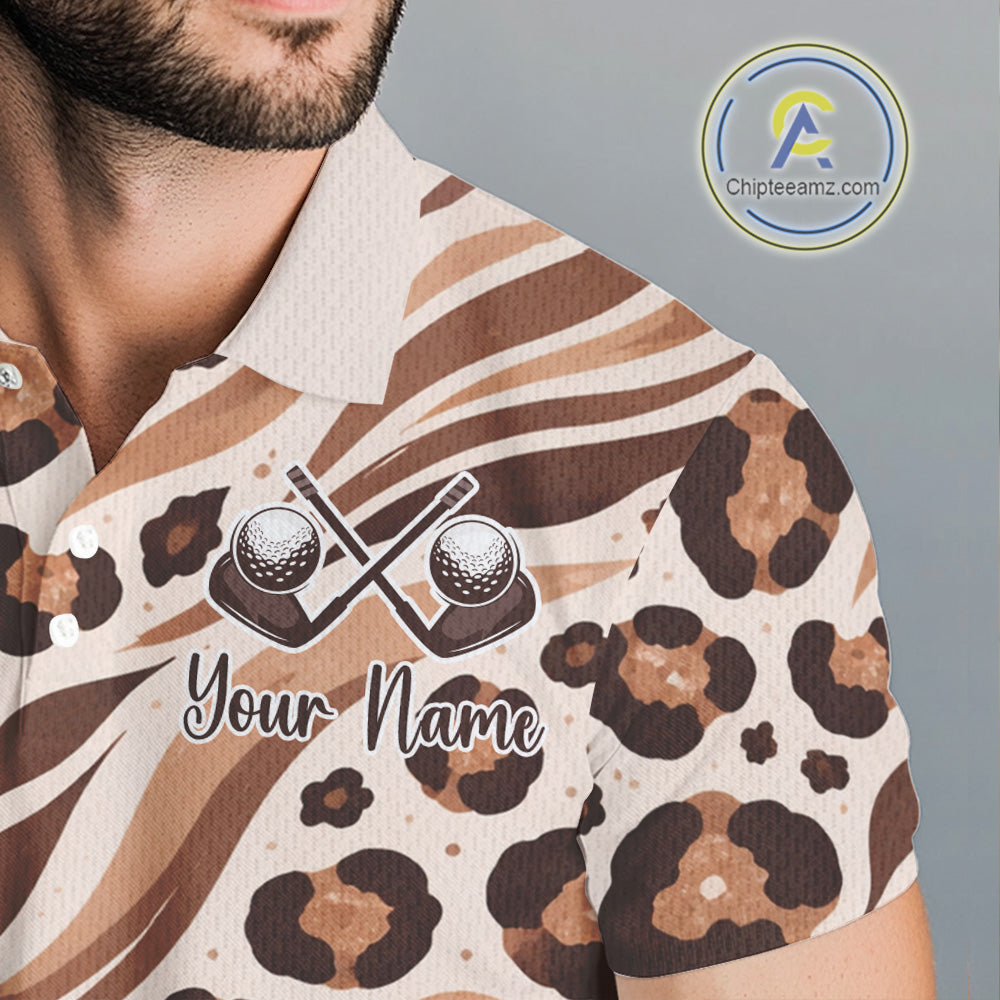 White Animal Mix Leopard Skin Prints Pattern Golf Shirts Custom Name For Mens NHT575