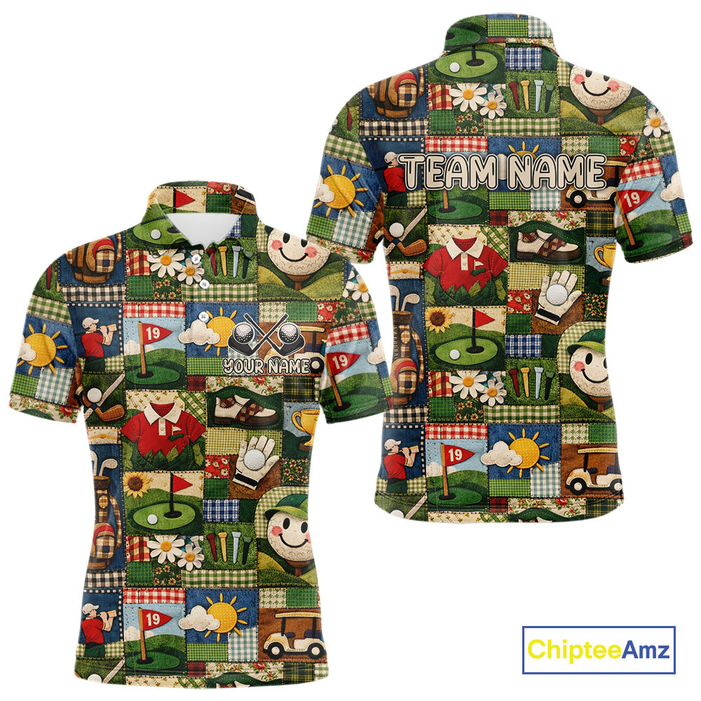 Funny Golf Patchwork Polo Shirt For Men, Personalized Mens Golf Polo Shirt, Vintage Quilt Golf Pattern NHT577