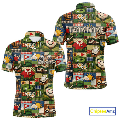 Funny Golf Patchwork Polo Shirt For Men, Personalized Mens Golf Polo Shirt, Vintage Quilt Golf Pattern NHT577