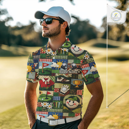 Funny Golf Patchwork Polo Shirt For Men, Personalized Mens Golf Polo Shirt, Vintage Quilt Golf Pattern NHT577
