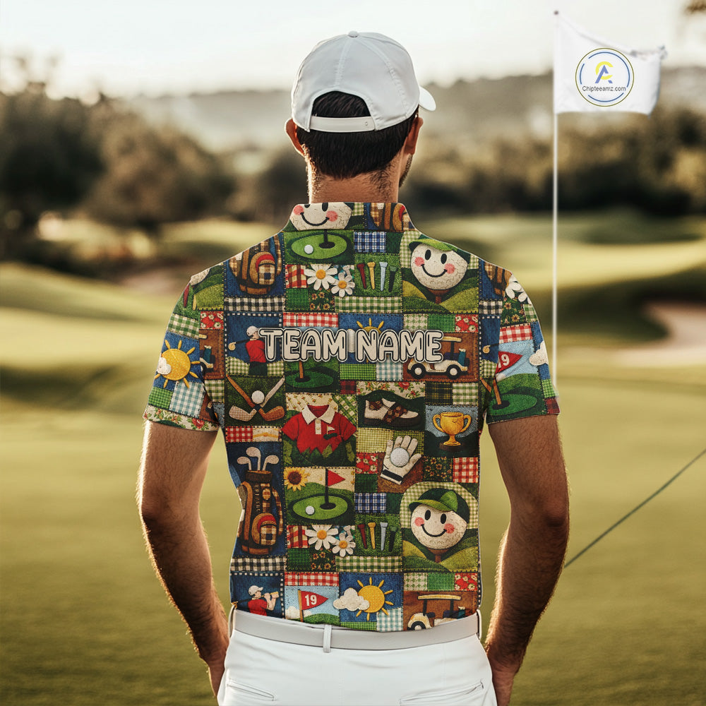 Funny Golf Patchwork Polo Shirt For Men, Personalized Mens Golf Polo Shirt, Vintage Quilt Golf Pattern NHT577