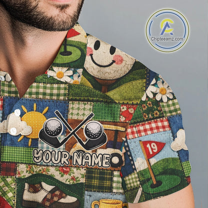 Funny Golf Patchwork Polo Shirt For Men, Personalized Mens Golf Polo Shirt, Vintage Quilt Golf Pattern NHT577