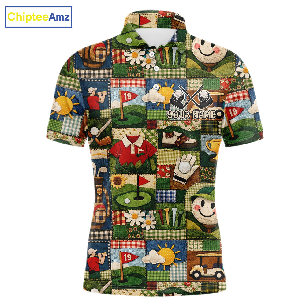 Funny Golf Patchwork Polo Shirt For Men, Personalized Mens Golf Polo Shirt, Vintage Quilt Golf Pattern NHT577