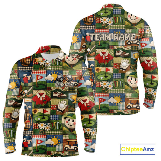 Funny Golf Patchwork Polo Shirt For Men, Personalized Mens Golf Polo Shirt, Vintage Quilt Golf Pattern NHT577