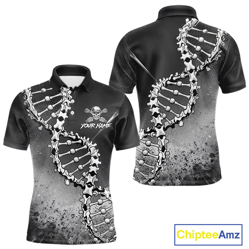 Custom Black Grey Mens Golf Polo Shirt DNA Skull Design, Personalized Name Golf Shirt, Golf Team Shirt NHT793