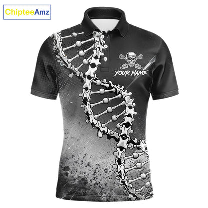 Custom Black Grey Mens Golf Polo Shirt DNA Skull Design, Personalized Name Golf Shirt, Golf Team Shirt NHT793