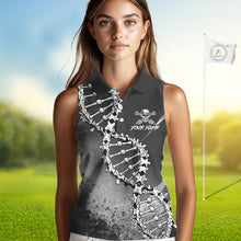 Load image into Gallery viewer, Custom Black Grey Sleeveless Womens Golf Polo Shirt DNA Skull Design, Personalized Name Golf Shirt, Golf Team Shirt NHT793
