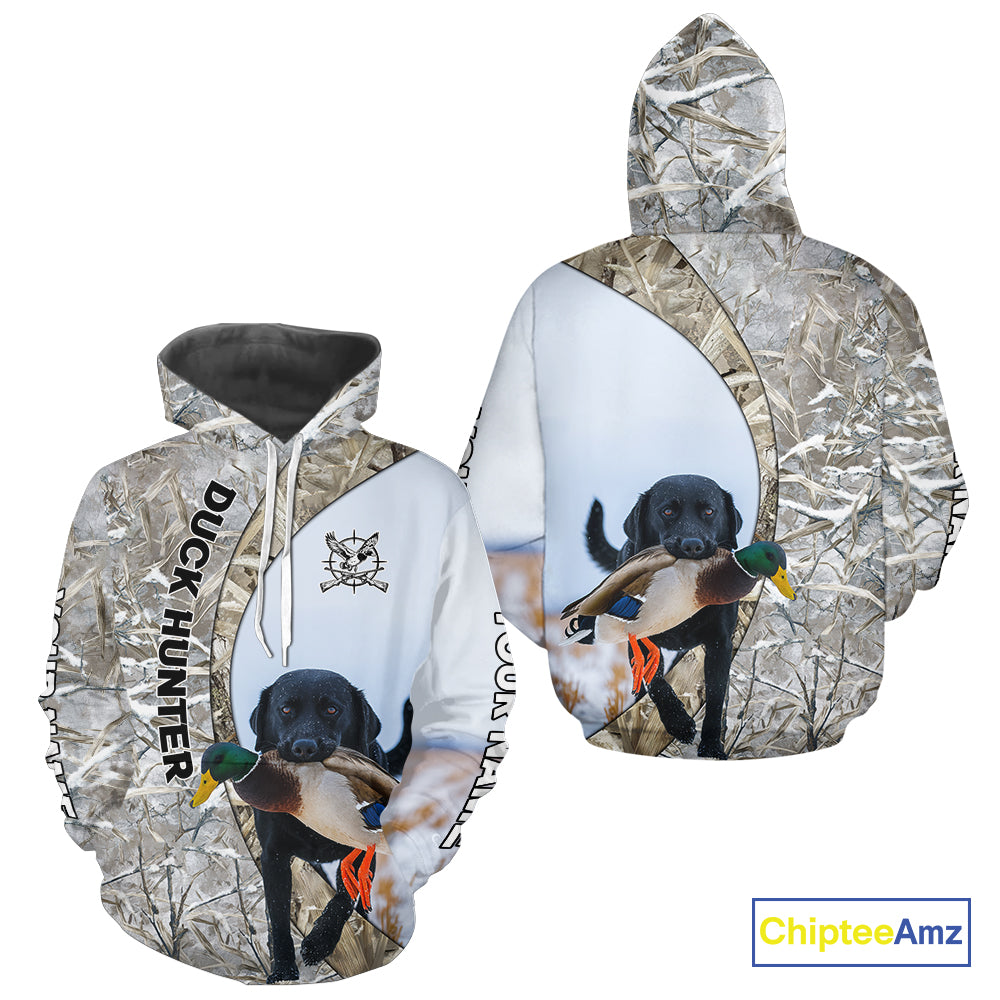 Duck Hunting Winter Camo Black Lab 3D All-Over Printed Shirt, Gift for Waterfowl Hunters NHT250