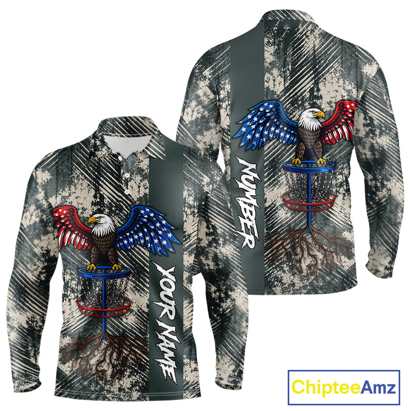 Disc Golf Polo Shirt With Patriotic Eagle Design, Customizable Name, Unisex Sports Jersey For Men NHT806