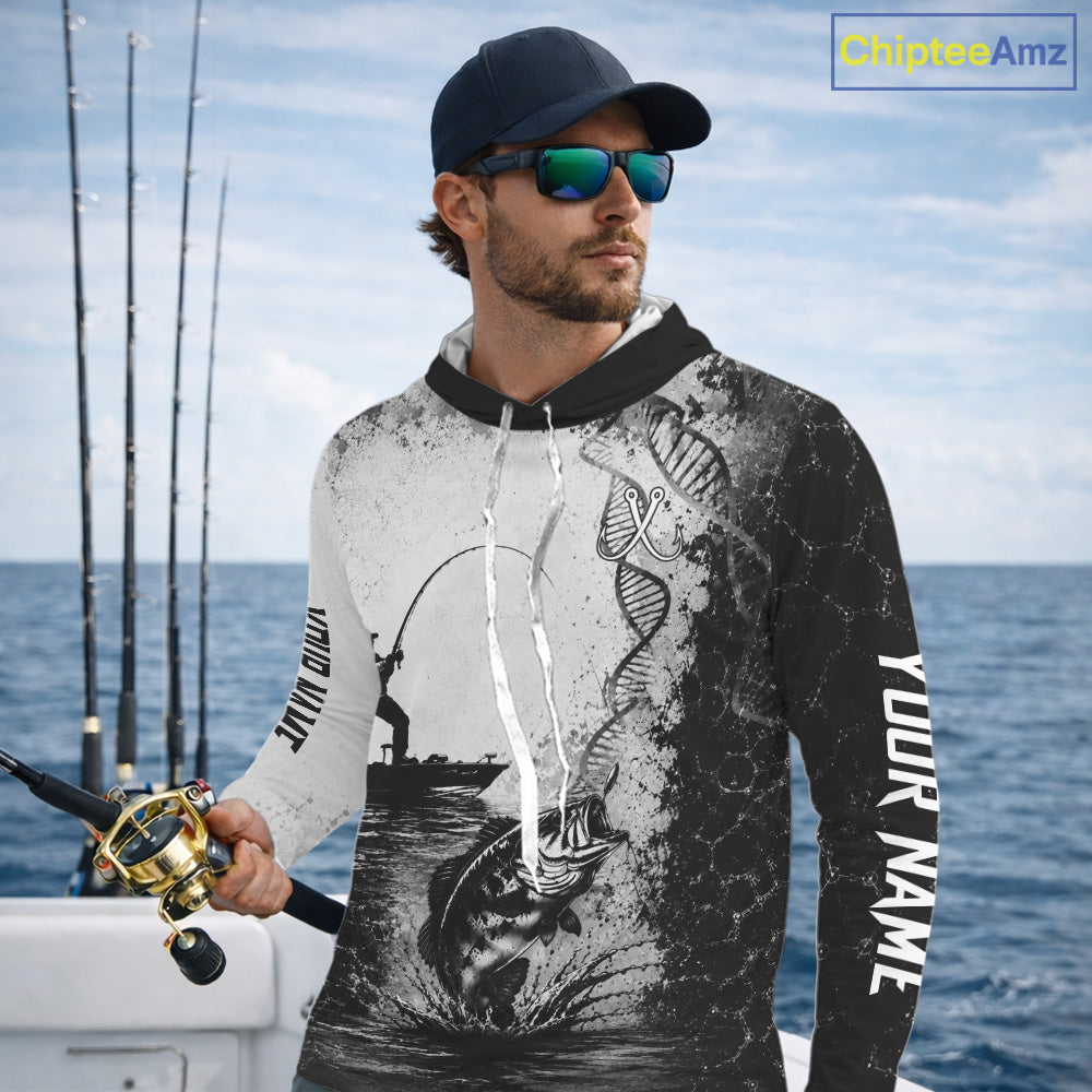 Bass Fishing Long Sleeve Hooded Fishing Shirt Fisherman DNA Performance Apparel For Men