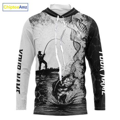 Bass Fishing Long Sleeve Hooded Fishing Shirt Fisherman DNA Performance Apparel For Men
