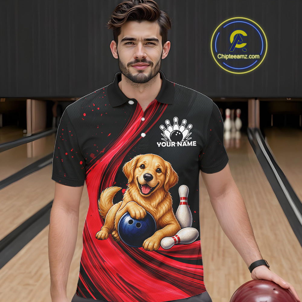 A man wearing a custom bowling-themed polo shirt with a golden retriever graphic, blue bowling ball, and red and black swirl pattern, standing in a bowling alley. A circular 'Chipteeamz.