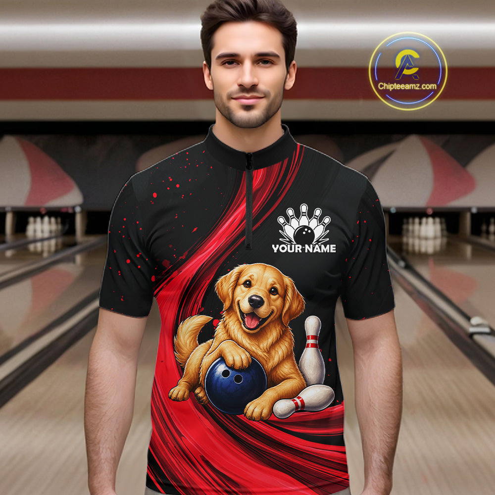 Golden Retriever Bowling Shirt Custom Name Black Red Personalized Team Jersey Gift For Men NHT1271