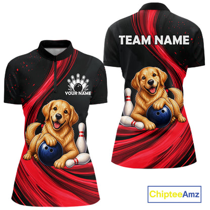 Front and back views of a short-sleeve bowling-themed polo shirt. The shirt features a black base with a red abstract swirl pattern and a large cartoon golden retriever holding a blue bowling ball, with white bowling pins.
