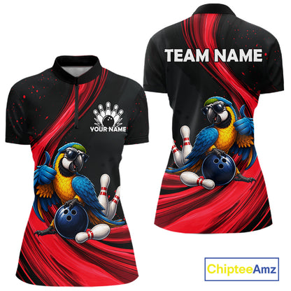 Custom bowling-themed short-sleeve polo shirt shown from the front and back. The black polo features a vibrant red abstract background with cartoon blue and yellow macaws holding bowling balls and pins, plus customizable text areas reading 'YOUR NAME' on the front chest and 'TEAM NAME' on the back.