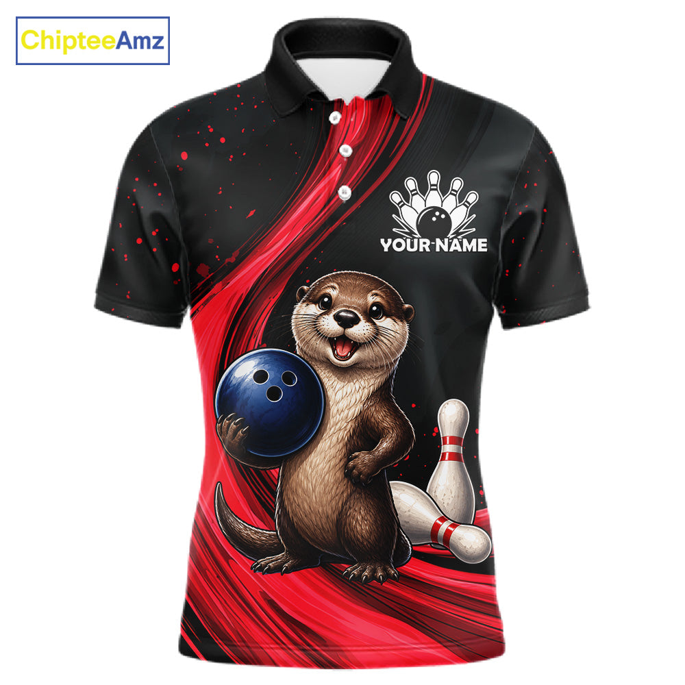 A short-sleeve black and red bowling-themed polo shirt with a cartoon otter holding a blue bowling ball and bowling pins printed on the front. The shirt has a white collar, white buttons, and a white 'YOUR NAME' bowling pin graphic on the chest.